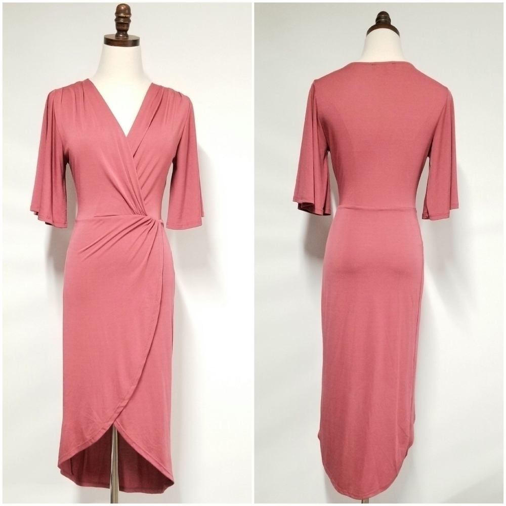 Lulus Old Rose Coral Faux Wrap Flutter Sleeve Casual Party Evening Dress, XS